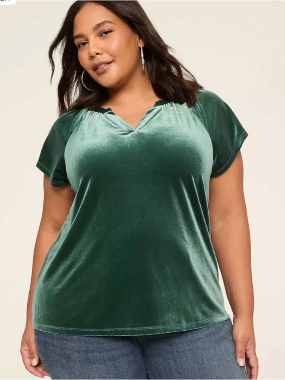 Lane Bryant Green Raglan Short Sleeve Notch Neck Velvet Top Size 14/16